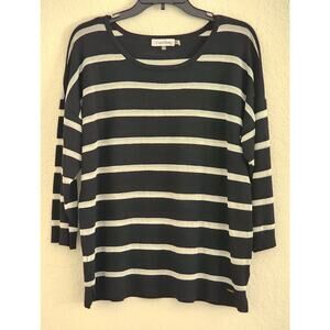 SWEATER-CALVIN KLEIN-Black-Cream Stripes-3/4 Sleeves-Lightweight-Size LRG